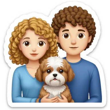 una pareja joven con un perro shitzu. La chica con pelo rizado, el chico piel blanca y sin barba sticker