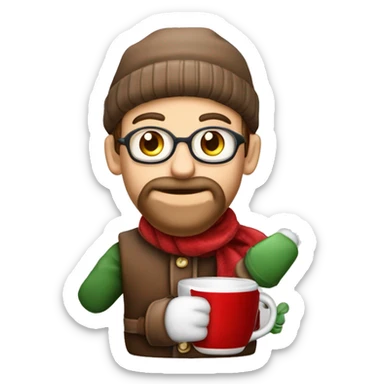 Rentier mit einer kaffe tasse in der hand mit einer santa mütze und schal sticker
