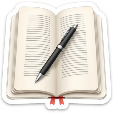 "A white open book,The pen should be positioned as placed exactly in the center between the pages.  if held by a right-handed person - meaning the direction is reversed compared to a left-handed grip. The pen should be uncapped, and the cap placed behind it." sticker