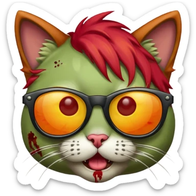 Zombie cat with red hair and sun glasses face sticker