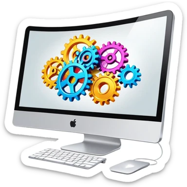 iMac computer with colorful gears on the screen sticker