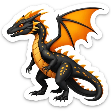 Magmatic fiery badass cool obsidian-Black and golden-orange Helioptile-Amaura-Salandit-Fakémon-hybrid-creature (full body)  sticker