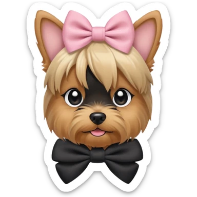 a Yorkshire Terrier face with a ponytail on head tied with a bow. Cute expression, flat design, pastel colors sticker