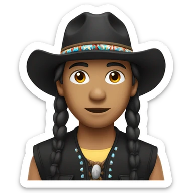 native american with a black bucket hat and a black vest and western shirt sticker