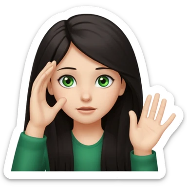 Animated girl dark long hair green eyes emoji holding right side of the head with her hand with duh facial expression , hand on top of her head sticker
