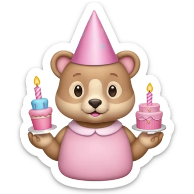 cute animal hold a pink birthday cake in both arms with pink birthday hat sticker