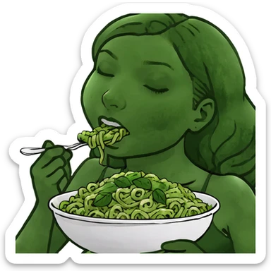 Brown haired girl eating green pasta asleep sticker