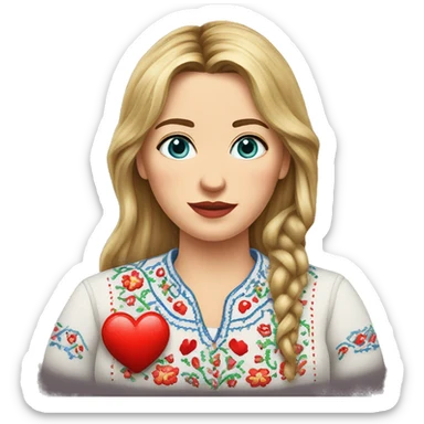 A Ukrainian woman in an embroidered shirt holds a heart in her hands sticker