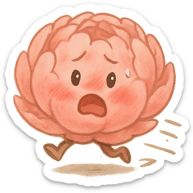 round chibi pastel pink peony flower with blushing cheeks and a panicked expression, rushing with tiny legs, soft ghibli style sticker