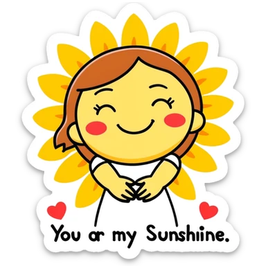 A smiling sun hugging a little girl with hearts around them and the words ‘You are my sunshine’ in soft pastel colors. sticker