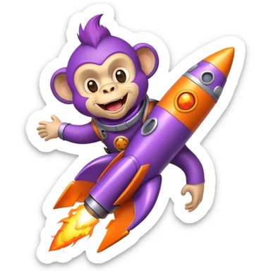 purple punk laughing monkey flying in a rocket with fire sticker