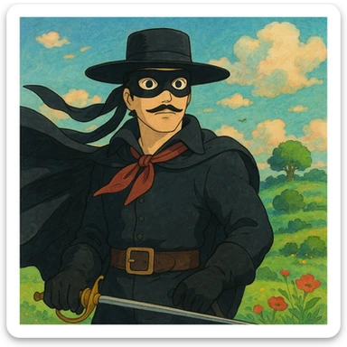 Zorro, mysterious masked figure, with a flowing cape, ghibli-inspired style sticker