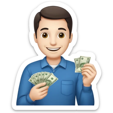 Make an emoji of a photorealistic adult man holding money in his hands. He has a smile on his face. He looks like an adult. the skin should be white. 4 options sticker