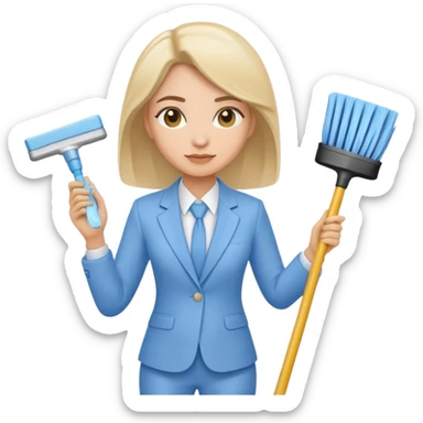 light-skinned woman in a light blue suit cleaning sticker