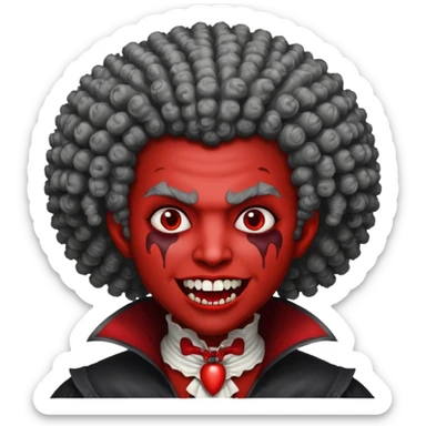 vampire with grey skin, fanged teeth, blood on face and a curly Afro sticker