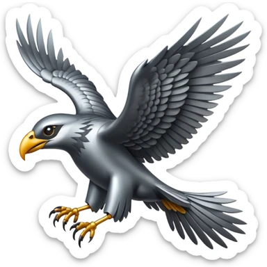Emoji-style icon of a large metallic predatory bird flying, sharp wings, steel texture, dramatic pose, no gold sticker