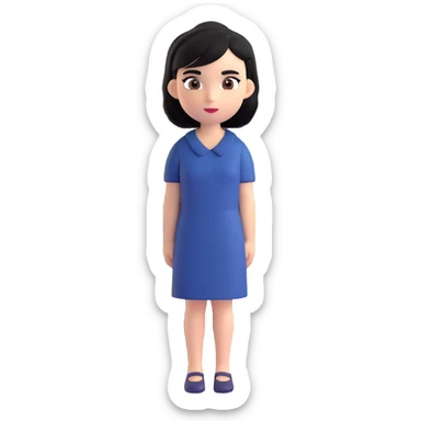 A girl with black hair, dark brown eyes, a beautiful face, short, straight hair to the shoulders, and a navy blue dress. sticker
