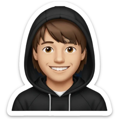 20 yr old man, brown hair, straight, big smile, white teeth, tanned skin, bangs, black hooded sweatshirt, long hair in back, center-parted bangs sticker