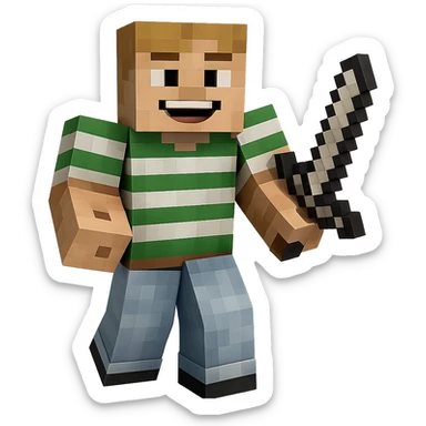 Edit the Minecraft character in the green striped shirt to have a happy, wide smile facial expression. Keep the pose, outfit, and quality exactly the same. Transparent background. sticker