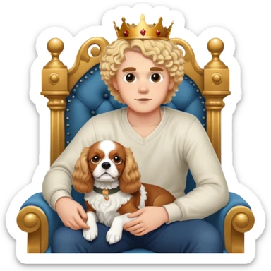 22 years old man blonde short curly hair  with a King Charles spaniel on his lap on a throne sticker