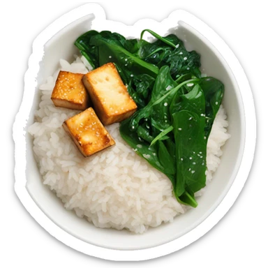 a bowl with white rice and crispy sesame tofu and spinach sticker