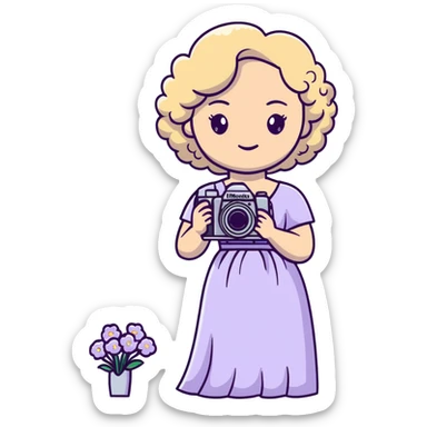 señora rubia de rulos de 50 años con cámara Nikon y vestido largo blanco con flores lilas sticker