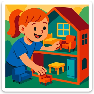smiling girl arranging furniture in doll house sticker