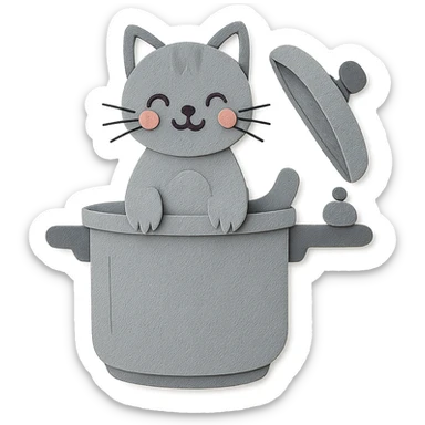 cute cat-shaped pressure cooker, popping out of the lid, playful face, soft grey, full-body sticker