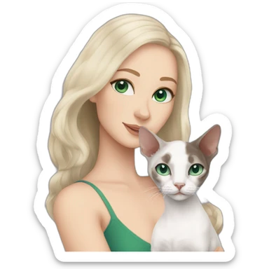 White woman with long dark hair and green eyes holding white devon rex with blue eyes sticker
