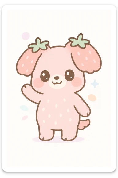 strawberry dog standing, waving, strawberry top as ears, soft and fuzzy, kawaii style sticker