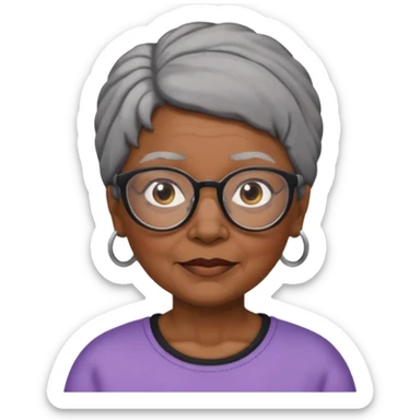 emoji of a black grandma women with black and gray hair in a low ponytail with glasses and brown eyebrows sticker