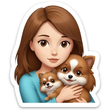 beautiful woman with brown straight hair and brown eyes hugs a puppy Pomerania sticker