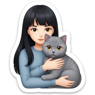 A beautiful girl with long black hair and bangs hugs a British Shorthair sticker