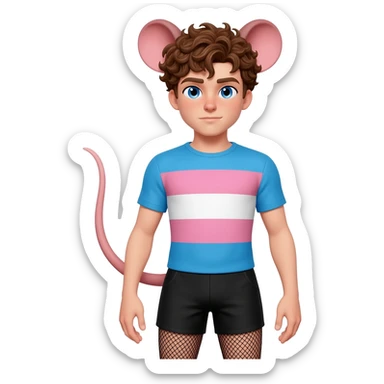 a white twink boy with blue eyes, short curly brown hairs and rat ears, he has a rat tail. he is dressed in a short shade of the color trans flag and short black shorts with mesh stockings sticker