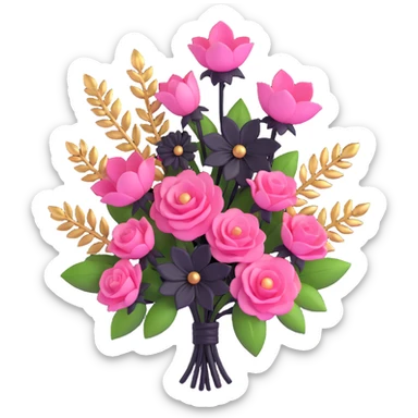 minimal 3D gothic bouquet with gold accents, pink and black flowers, simple and elegant sticker