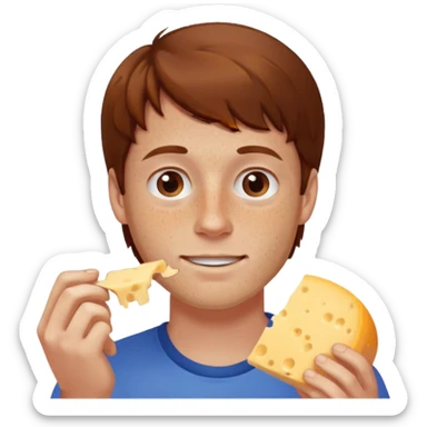 Man with brown hair and white skin and freckles, eating cheese sticker