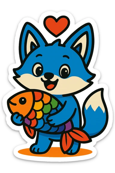 Add a red heart above the blue fox and rainbow fish in vibrant toon style. sticker