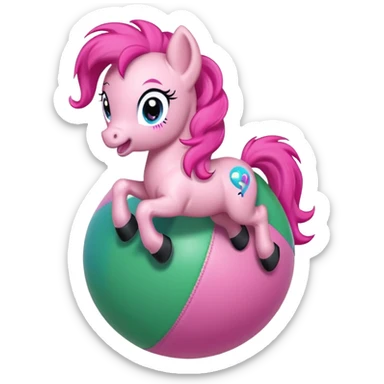 Pinkie Pie pony from My Little Pony happily bouncing on a big colorful ball, cartoon style, bright colors, cheerful expression, background with green meadow or playground sticker