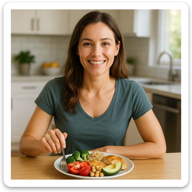 smiling woman with healthy appearance and balanced physique, sitting at a table with a colorful and varied plate including vegetables, whole grains, lean proteins, fruits, and healthy fats, bright atmosphere, hyperrealistic 4K details, domestic environment or modern kitchen sticker