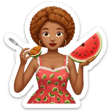 A black woman eating fried chicken and watermelon sticker