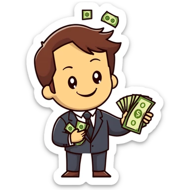 white male in a suit with money in his hand, smiling expression, happy face, brown hair sticker