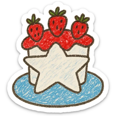 star-shaped white cake with strawberries on top, whimsical and bright, children doodle style sticker