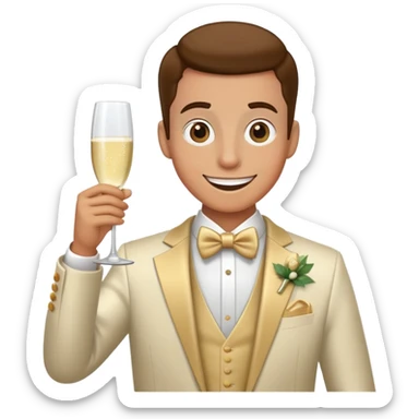 Wedding crasher character in fancy clothes trying to blend in at a wedding reception, holding champagne glass, goofy smile sticker