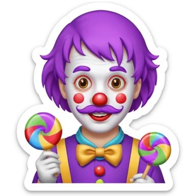 Funny clown — purple wig, mustache, candy in hand sticker