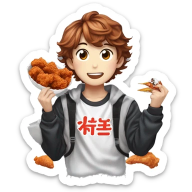 kpop singer (felix of stray kids) who has brunette hair(almost shoulder length) with freckles is eating korean fried chicken (양념치킨)  sticker