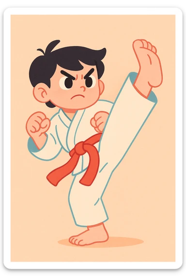 karate kid performing a high kick, red belt, determined face, dynamic action, anime style sticker