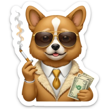 A dog with sunglasses is smoking a cigarette, dollars are flying at him. sticker
