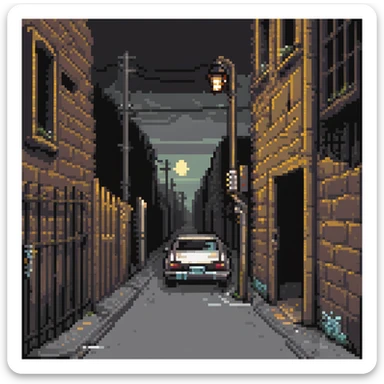 Pixel art back alley, graffiti walls, broken fence, flickering street light, abandoned car, urban decay, vertical composition, 9:16, Sega style 2D fighter background
 sticker