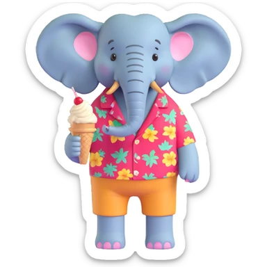 elephant in a Hawaiian shirt and shorts, holding an ice cream, summer vibe sticker