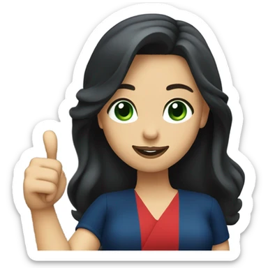 
a brunette with long hair and green eyes, with red lips and in a dark blue dress shows a thumbs up sticker